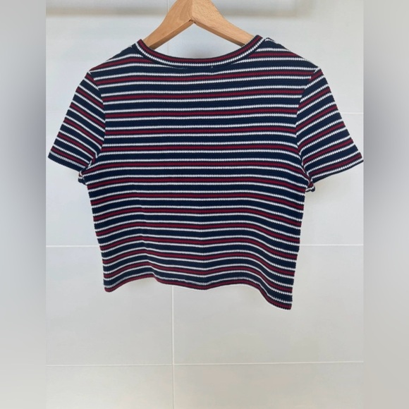 ZARA Trafaluc Striped Knit Crop Top Navy Red White Size M - Picture 3 of 5